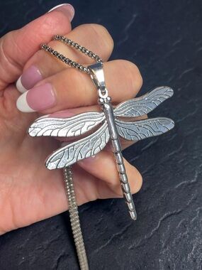 Large Silver Tone Dragonfly Pendant Statement Necklace
